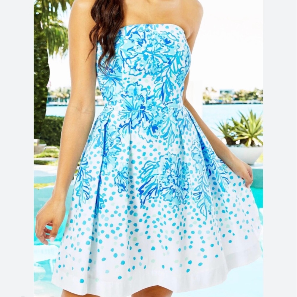 NWT Lilly Pulitzer Strapless Dress in Blue and White Floral Design, size 4